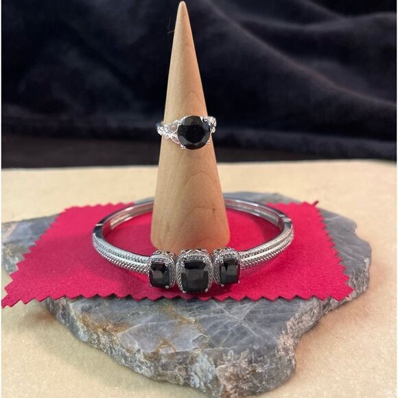 Black Tourmaline Ring 5 & Black Spinel Bracelet Bundle Set - Picture 1 of 16
